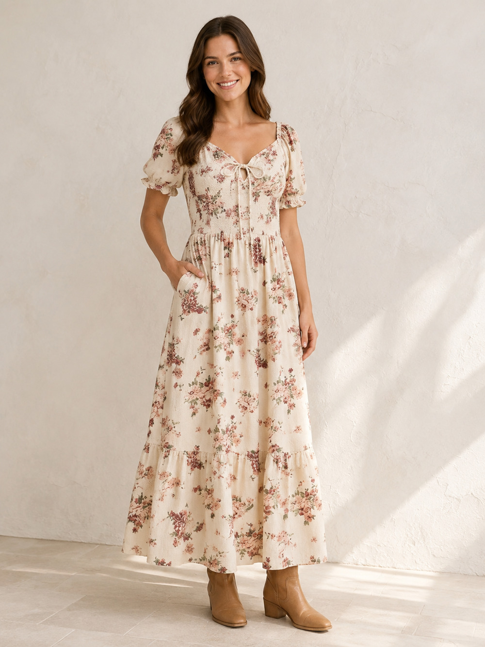 NWT Universal Thread L Cream Floral Smocked Maxi Dress Puff Sleeve Boho